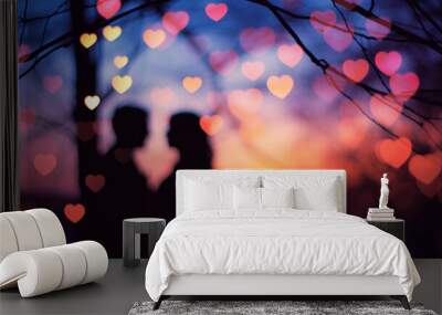 Silhouette of a couple in love with heart bokeh background Wall mural