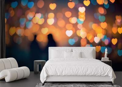 Silhouette of a couple in love with heart bokeh background Wall mural