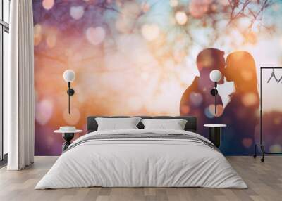 Silhouette of a couple in love with heart bokeh background Wall mural