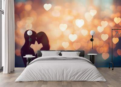 Silhouette of a couple in love with heart bokeh background Wall mural