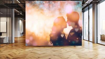 Silhouette of a couple in love with heart bokeh background Wall mural