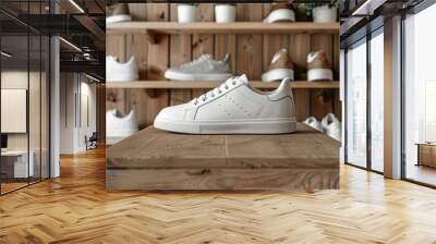 Single white sneaker showcased on a wooden table with a background of shoe shelves in a stylish store. Wall mural