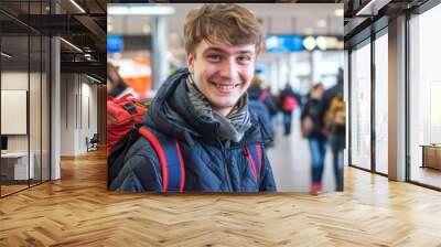 Smiling young man with backpack at busy airport terminal, ready for adventure. Wall mural