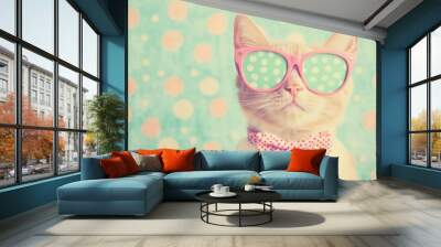 The cat, dressed in a bow tie and glasses, strikes a playful pose against a colorful polka dot backdrop, radiating charm and personality Wall mural