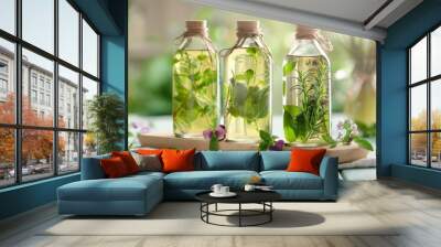 Three transparent bottles containing water and plants placed on a wooden table Wall mural