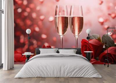 Two champagne glasses and red roses on red hearts background, Valentine's day Wall mural