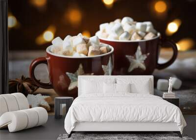 Two cups of hot chocolate with marshmallows Wall mural