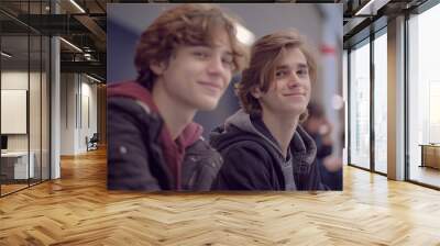 Two smiling teenage boys in a school hallway, sharing a moment of joy and camaraderie, with a friendly school environment background. Wall mural