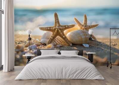 Two starfish among shells on the beach, with the ocean and sunlight in the background. Wall mural