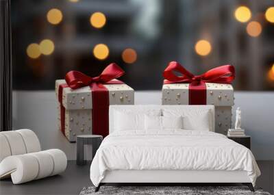 Two white gift boxes with red bow Wall mural