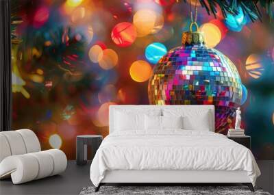 Vibrant disco ball ornament on a Christmas tree with colorful lights in the background, capturing holiday festivity. Wall mural