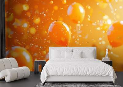 Vibrant orange balloons floating amidst a shower of confetti, creating a lively and festive celebration scene. Wall mural