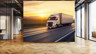 White truck traveling at the sunset. Wall mural