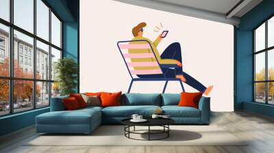 Men surfing internet, do video call, using mobile app vector illustration. Vector illustration Wall mural