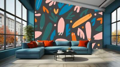 Vector illustration with palms, surfboards and flowers Wall mural