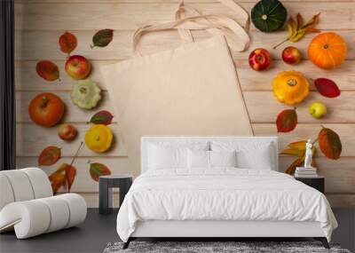 Rustic tote bag mockup with pumpkins and fall leaves Wall mural