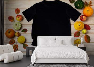 Unisex black T-shirt mockup with fall decor Wall mural