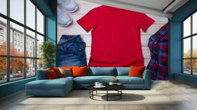 Unisex red T-shirt mockup with trainers and jeans Wall mural