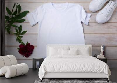 Women’s T-shirt mockup with burgundy peony and nail polish Wall mural