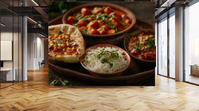 A classic Indian thali platter with naan, rice, chickpea curry, and paneer dishes, garnished with cilantro, representing a diverse culinary experience. Wall mural