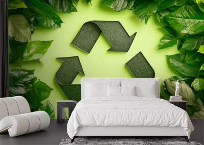 A recycle symbol surrounded by vibrant green leaves on a light green background, promoting sustainability and environmental awareness. Wall mural