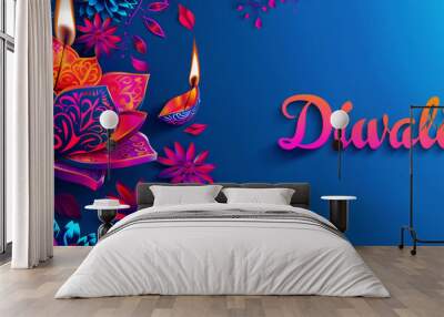 A vibrant Diwali greeting illustration with glowing lotus flowers and diyas. The intricate design and colorful palette symbolize joy, spirituality, and the vibrant culture of the festival of lights. Wall mural