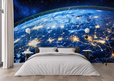 Earth viewed from space at night with city lights, representing global connectivity. Wall mural