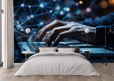 Futuristic Digital Network Connectivity with Human Interaction on a Modern Laptop Interface Wall mural