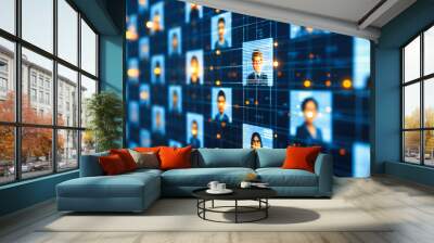 Global networking and technology concept with a double exposure of a businessman in a futuristic city. Wall mural