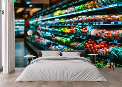 Supermarket interior with fresh produce on shelves, representing a healthy and colorful lifestyle. Wall mural