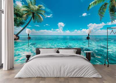 Tropical Beach with Blue Sky and Crystal Clear Water, Maldives Island Paradise Seascape Wall mural