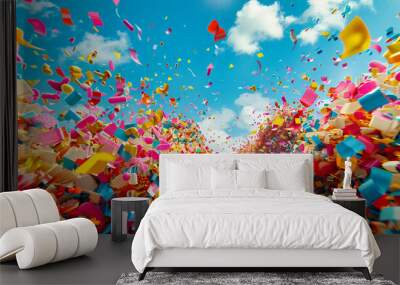 Vibrant Celebration of Color and Joy, Festival Atmosphere with Balloons and Confetti, Happy Crowd Wall mural