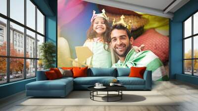 Fantasy dress up, kid portrait and dad together and princess fun in a bedroom fort with crown and girl. Play castle, happiness and smile with father and child in a home excited and happy about a game Wall mural