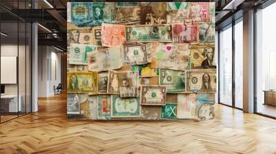 A collage of vintage world currency notes attached to a textured wall, showcasing a diverse collection of international paper money with historical significance. Wall mural