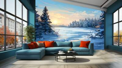 A serene winter landscape featuring snow-covered trees by a frozen lake at sunset, capturing the beauty of a cold and peaceful season. Wall mural