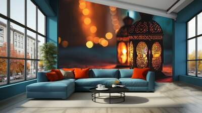 Arabic lantern with burning candle, glowing golden bokeh lights, islamic ramadan background Wall mural