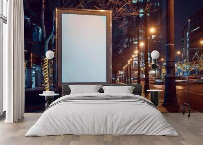 Blank white street billboard vertical advertising stand in the street at night Wall mural