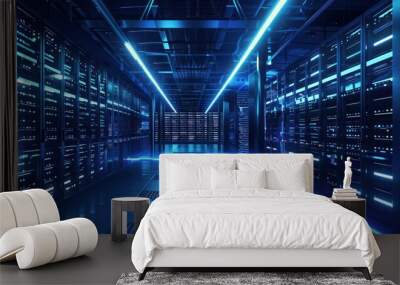 Data center with rows of server racks under cool blue lights, a representation of modern digital infrastructure Wall mural