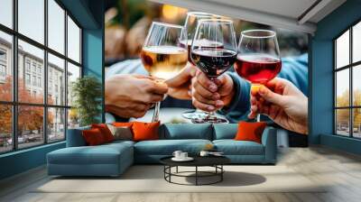 Hands raising glasses of red, rose, and white wine in a communal toast among friends at a party Wall mural