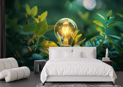 Light bulb glowing among green plants. Renewable energy and sustainability concept. Wall mural