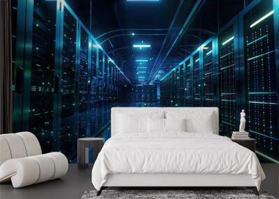 Network and information systems in a modern data center with dynamic lighting, showcasing technology and connectivity Wall mural