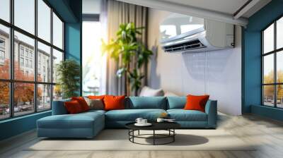 Stylish living room with a wall-mounted air conditioner, comfortable sofa, and indoor plants, highlighting modern interior design elements. Wall mural