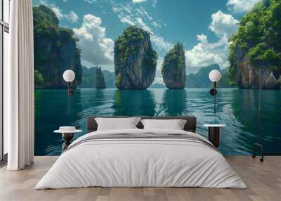 there are many rocks in the water with a sky background Wall mural