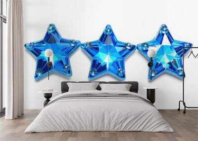 Three blue crystal star-shaped ornaments on a white background. Holiday decoration concept. Wall mural