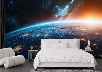 View of Earth from space with glowing city lights and sunrise. Global connectivity and space exploration concept for science and technology. Wall mural