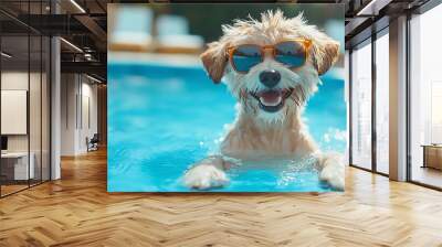 a happy, smiling dog wearing sunglasses, standing on its hind legs in a blue water pool, with pastel colors and a summer mood Wall mural