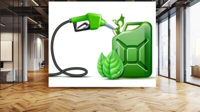 Biofuel. Gas pump nozzle and Green jerrycan with green leaves isolated on white background, Wall mural