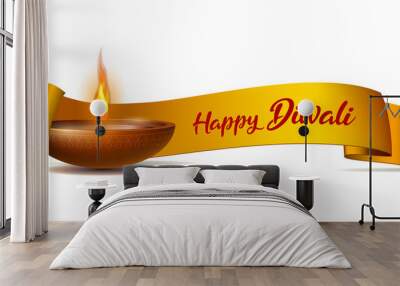 Congratulation banner with burning diya and yellow ribbon Wall mural