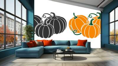 Pumpkins with leaves, silhouette on white background. Wall mural