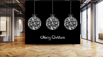 three white christmas balls on black background. Wall mural